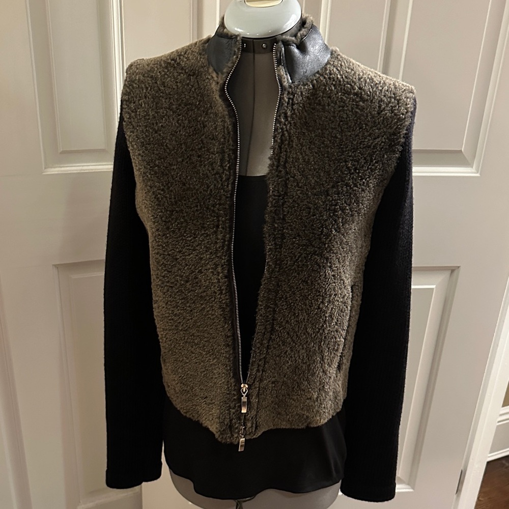 Grey Shearling and Black Wool Knit Italian Short Jacket w Pockets Size 6